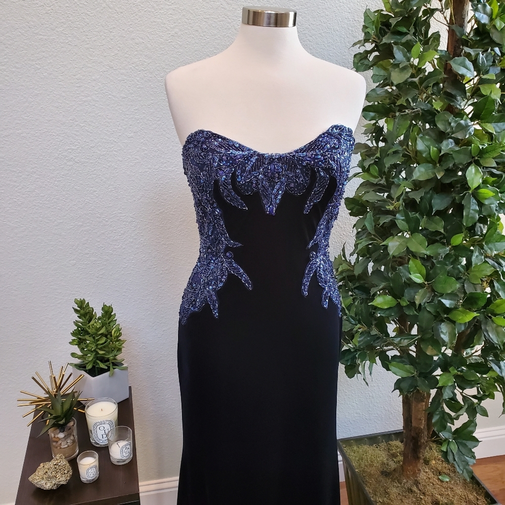 NWT Mac Duggal Velvet Navy Sequined Bustier Dress - Picture 8 of 8